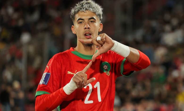 Morocco's forward #21 Yassir Zabiri celebrates scoring his team's first goal during the 2025 FIFA U-20 World Cup final football match between Argentina and Morocco at the National Stadium in Santiago on October 19, 2025.