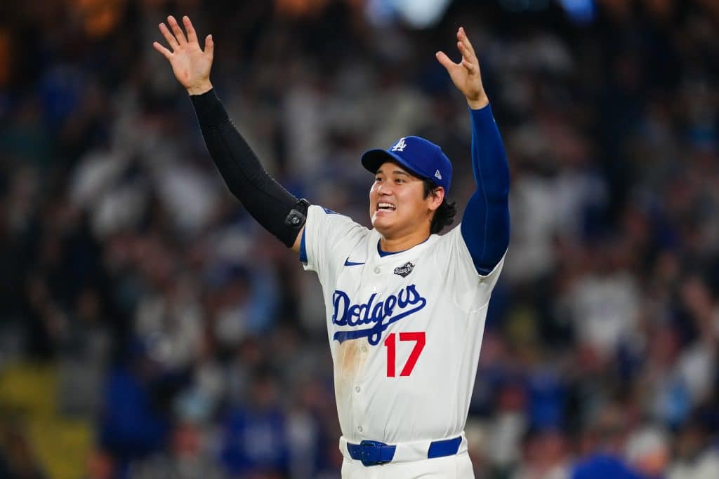 LOS ANGELES, CA - OCTOBER 27: Shohei Ohtani #17 of the Los Angeles Dodgers celebrates after defeating the Toronto Blue Jays in Game Three of the 2025 World Series presented by Capital One at Dodger Stadium on Monday, October 27, 2025 in Los Angeles, California.