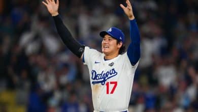LOS ANGELES, CA - OCTOBER 27: Shohei Ohtani #17 of the Los Angeles Dodgers celebrates after defeating the Toronto Blue Jays in Game Three of the 2025 World Series presented by Capital One at Dodger Stadium on Monday, October 27, 2025 in Los Angeles, California.