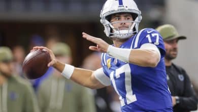 INDIANAPOLIS, INDIANA - OCTOBER 26: Daniel Jones #17 of the Indianapolis Colts warms up before the NFL 2025 game between Tennessee Titans and Indianapolis Colts at Lucas Oil Stadium on October 26, 2025 in Indianapolis, Indiana.
