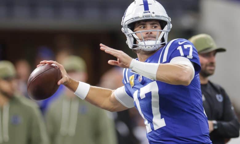 INDIANAPOLIS, INDIANA - OCTOBER 26: Daniel Jones #17 of the Indianapolis Colts warms up before the NFL 2025 game between Tennessee Titans and Indianapolis Colts at Lucas Oil Stadium on October 26, 2025 in Indianapolis, Indiana.