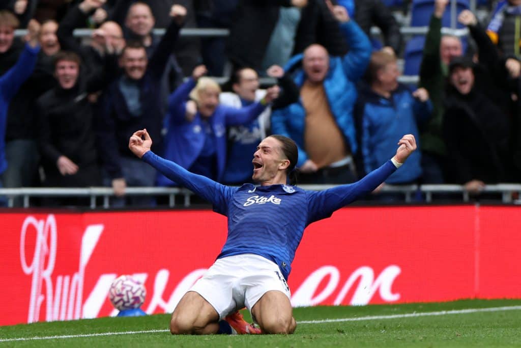 Everton's English midfielder #18 Jack Grealish celebrates after scoring their second goal during the English Premier League football match between Everton and Crystal Palace at Hill Dickinson Stadium in Liverpool, north west England on October 5, 2025. (Photo by Darren Staples / AFP) / RESTRICTED TO EDITORIAL USE. No use with unauthorized audio, video, data, fixture lists, club/league logos or 'live' services. Online in-match use limited to 120 images. An additional 40 images may be used in extra time. No video emulation. Social media in-match use limited to 120 images. An additional 40 images may be used in extra time. No use in betting publications, games or single club/league/player publications. /  