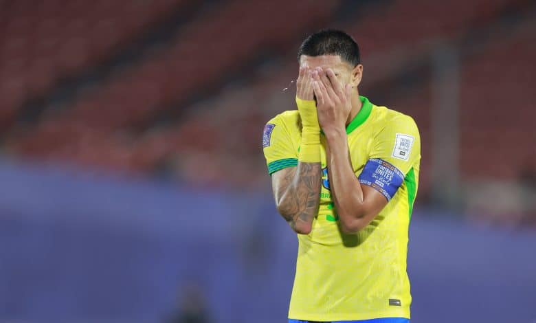 SANTIAGO, CHILE - OCTOBER 1: Iago Teodoro of Brazil reacts after the FIFA U-20 World Cup Chile 2025 Group C match between Brazil and Morocco at Estadio Nacional Julio Martínez Prádanos on October 1, 2025 in Santiago, Chile.