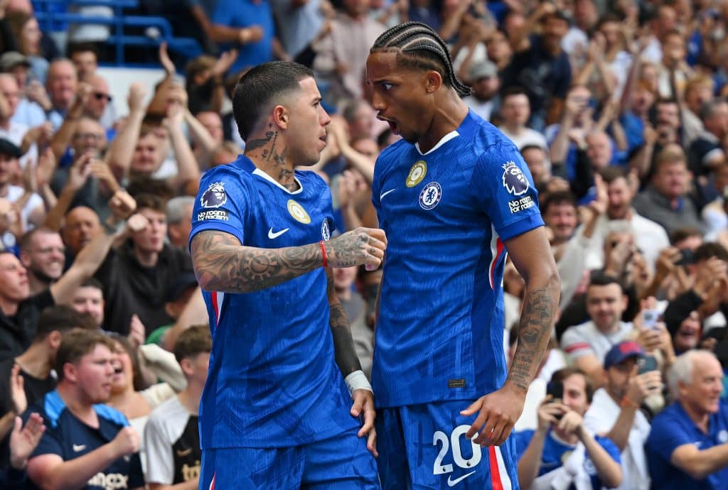 LONDON, ENGLAND - AUGUST 30: Enzo Fernandez of Chelsea celebrates scoring his team's second goal from the penalty spot with teammate Joao Pedro during the Premier League match between Chelsea and Fulham at Stamford Bridge on August 30, 2025 in London, England.