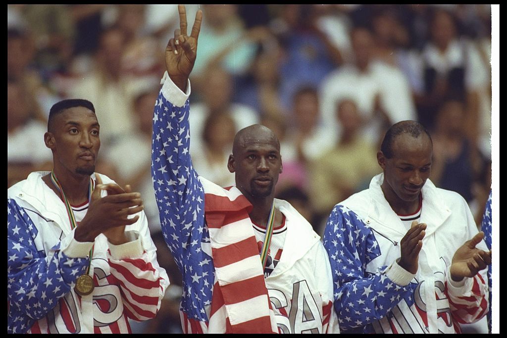 8 Aug 1992:  (L-R) Scottie Pippen, Michael Jordan, and Clyde Drexler of the USA celebrate after winning the gold medal during the Barcelona Olympics in Barcelona, Spain. Mandatory Credit: 