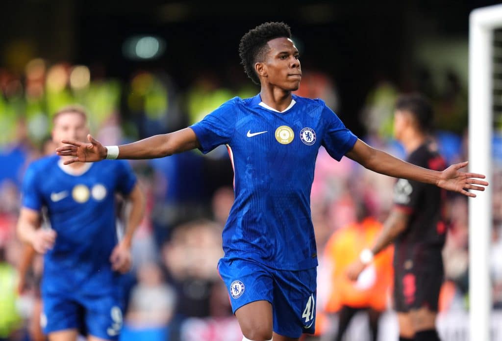 Chelsea's Estevao celebrates scoring their side's first goal of the game during the pre-season friendly match at Stamford Bridge, London. Picture date: Friday August 8, 2025. 