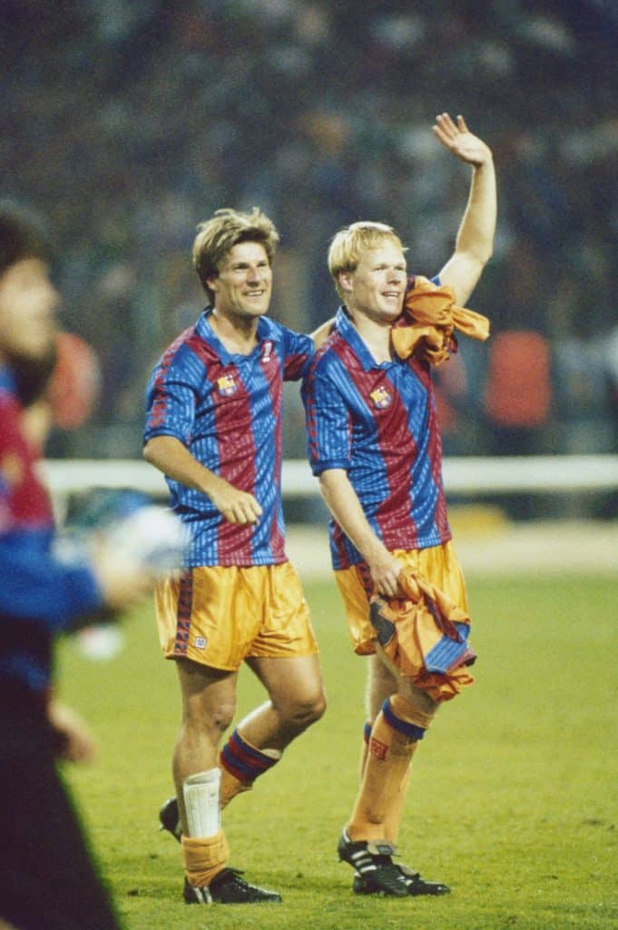 Ronald Koeman (right) and Michael Laudrup of Barcelona after their team beat Sampdoria 1-0 to win the European Cup Final at Wembley Stadium, London, 20th May 1992. Koeman's free-kick won the match.