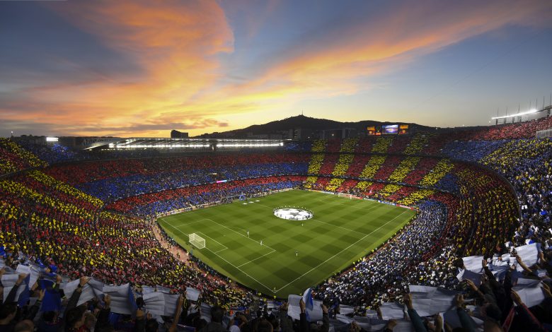 BARCELONA, SPAIN - MAY 01: (EDITORS NOTE: Images is a digital [panoramic] composite.) A general view of the tifo display before the UEFA Champions League Semi Final first leg match between Barcelona and Liverpool at the Nou Camp on May 01, 2019 in Barcelona, Spain.