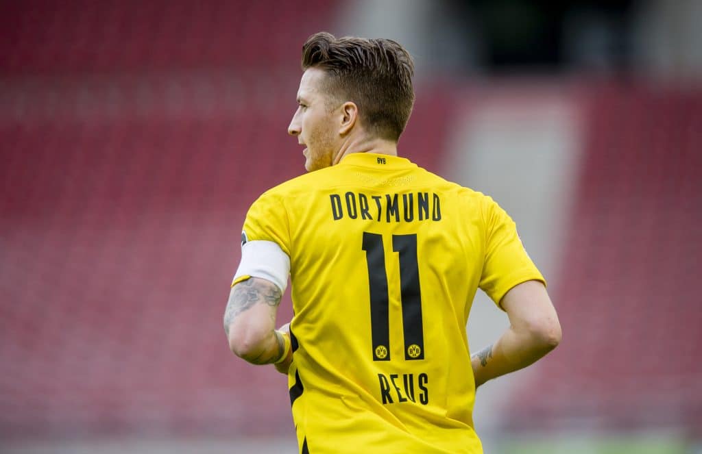 STUTTGART, GERMANY - APRIL 10: Marco Reus of Borussia Dortmund in action during the Bundesliga match between VfB Stuttgart and Borussia Dortmund at the Mercedes-Benz Arena on April 10, 2021 in Stuttgart, Germany. 