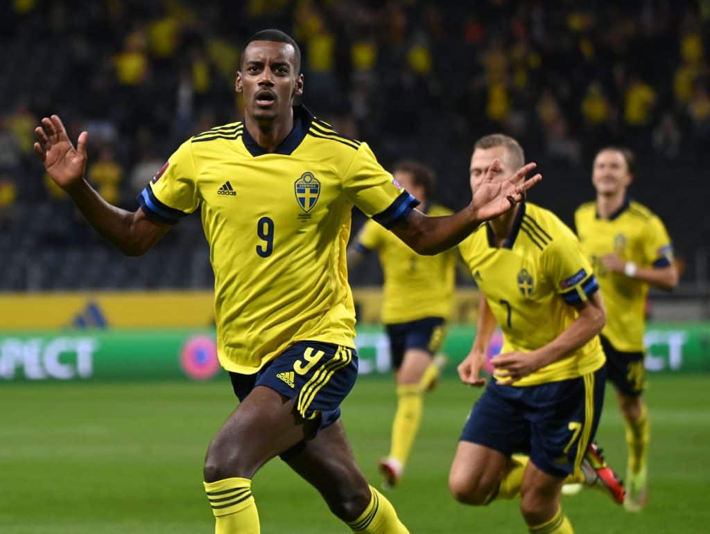 Sweden's forward Alexander Isak celebrates scoring the 1-1 equaliser during the FIFA World Cup Qatar 2022 qualification Group B football match between Sweden and Spain, at the Friends Arena in Solna, Sweden on 