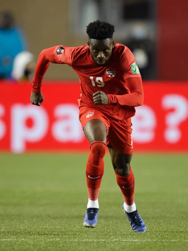 EDMONTON, CANADA - NOVEMBER 12: Alphonso Davies of Canada  during the  World Cup Qualifier  match between Canada  v Costa Rica  at the Commonwealth Stadium on November 12, 2021 in Edmonton Canada 