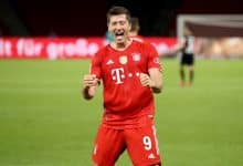 Bundesliga - BERLIN, GERMANY - JULY 04: Robert Lewandowski of Bayern Muenchen celebrates scoring the 4th team goal during the DFB Cup final match between Bayer 04 Leverkusen and FC Bayern Muenchen at Olympiastadion on July 04, 2020 in Berlin, Germany.