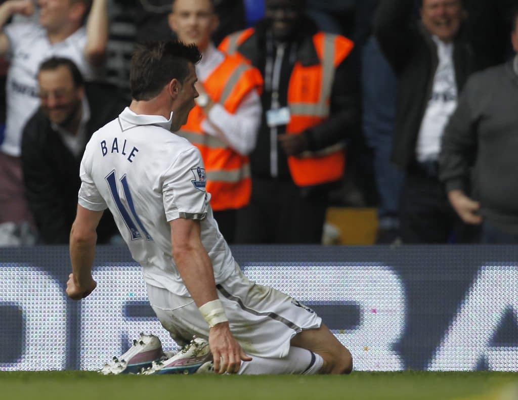 Tottenham Hotspur's Welsh midfielder Gareth Bale celebrates scoring his goal during the English Premier League football match between Tottenham Hotspur and Southampton at White Hart Lane in north London on May 4, 2013. Tottenham won the game 1-0. 