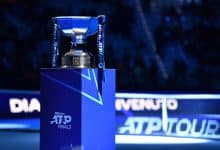 TURIN, ITALY - NOVEMBER 17: General view of the Nitto ATP Finals Men's Doubles Trophy prior to the final between Marcelo Arevalo of El Salvador and Mate Pavic of Croatia against Kevin Krawietz and Tim Puetz of Germany during the Men's Doubles final match on day eight of the Nitto ATP finals 2024 at Inalpi Arena on November 17, 2024 in Turin, Italy.