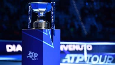 TURIN, ITALY - NOVEMBER 17: General view of the Nitto ATP Finals Men's Doubles Trophy prior to the final between Marcelo Arevalo of El Salvador and Mate Pavic of Croatia against Kevin Krawietz and Tim Puetz of Germany during the Men's Doubles final match on day eight of the Nitto ATP finals 2024 at Inalpi Arena on November 17, 2024 in Turin, Italy.
