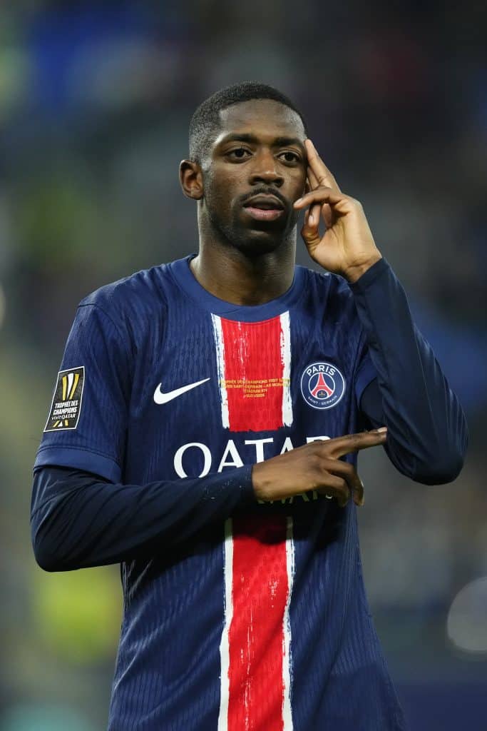 Ousmane Dembele right winger of PSG and France celebrates after scoring his sides first goal during the Trophee des Champions match between Paris Saint-Germain and Monaco at Stadium 974 on January 5, 2025 in Doha, Qatar.