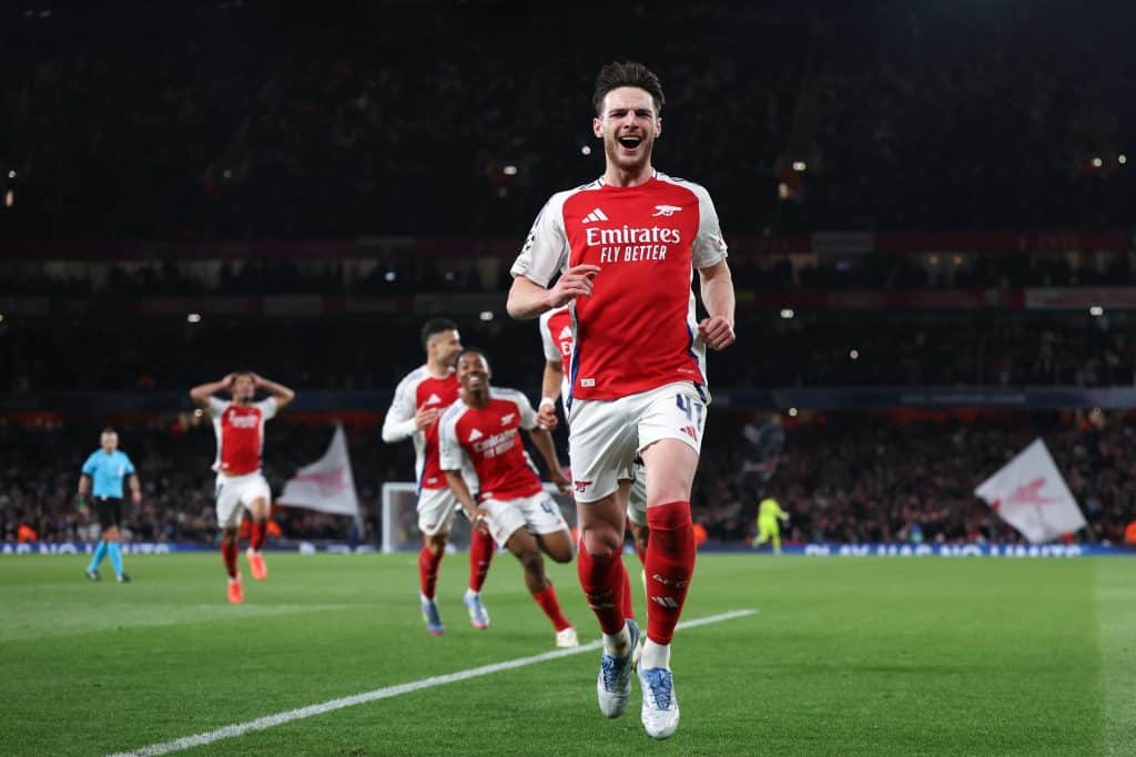 LONDON, ENGLAND - APRIL 8: Declan Rice of Arsenal celebrates after scoring a goal to make it 2-0 during the UEFA Champions League 2024/25 Quarter Final First Leg match between Arsenal FC and Real Madrid C.F. at Arsenal Stadium on April 8, 2025 in London, England.
