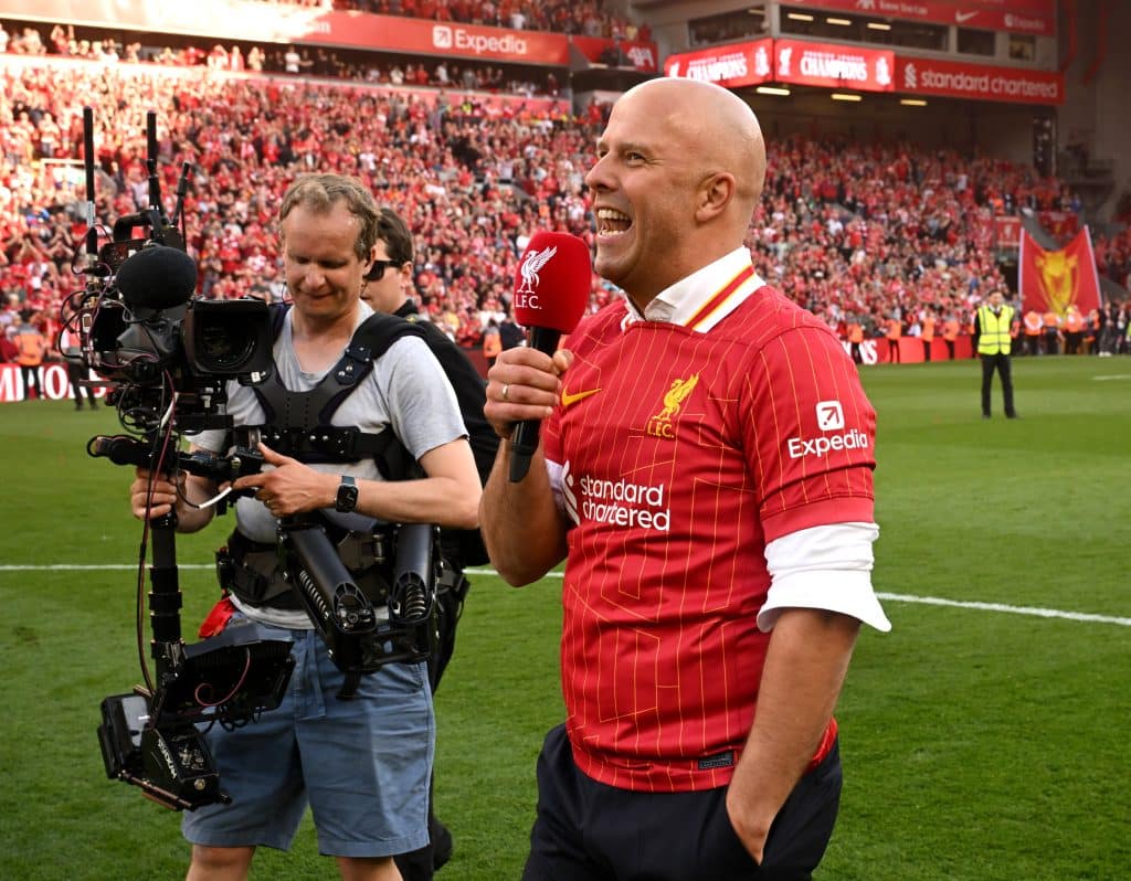 Arne Slot, Manger of Liverpool, speaks to the media after the teams victory and confirmation of winning the Premier League title