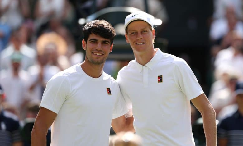 LONDON, ENGLAND - JULY 13: Carlos Alcaraz of Spain and Jannik Sinner of Italy pose for a photo at the net prior to the Gentleman's Singles Final on day fourteen of The Championships Wimbledon 2025 at All England Lawn Tennis and Croquet Club on July 13, 2025 in London, England.