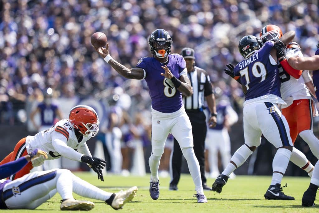 BALTIMORE, MARYLAND - SEPTEMBER 14: Lamar Jackson #8 of the Baltimore Ravens looks to pass during an NFL football game against the Cleveland Browns at M&T Bank Stadium on September 14, 2025 in Baltimore, Maryland. 
