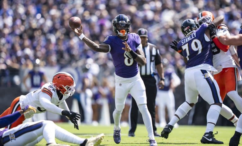 BALTIMORE, MARYLAND - SEPTEMBER 14: Lamar Jackson #8 of the Baltimore Ravens looks to pass during an NFL football game against the Cleveland Browns at M&T Bank Stadium on September 14, 2025 in Baltimore, Maryland.