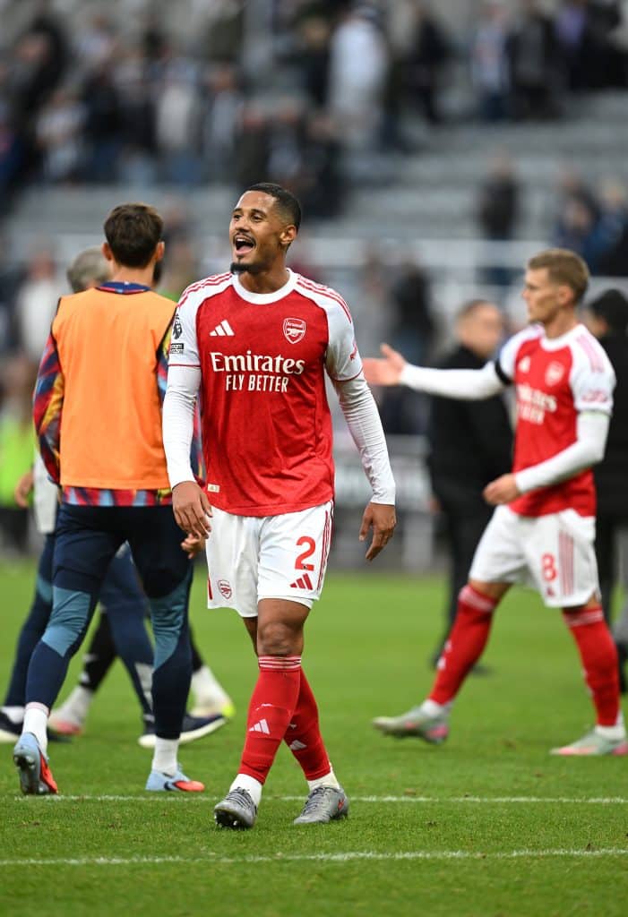 NEWCASTLE UPON TYNE, ENGLAND - SEPTEMBER 28: William Saliba of Arsenal celebrates after the team's victory in the Premier League match between Newcastle United and Arsenal at St James' Park on September 28, 2025 in Newcastle upon Tyne, England. 