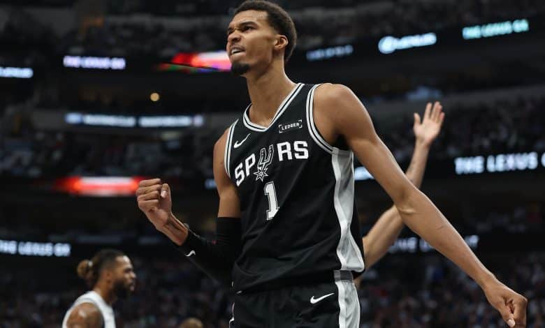 DALLAS, TEXAS - OCTOBER 22: Victor Wembanyama #1 of the San Antonio Spurs reacts to an officials call during the first half against the Dallas Mavericks at American Airlines Center on October 22, 2025 in Dallas, Texas. NOTE TO USER: User expressly acknowledges and agrees that, by downloading and or using this photograph, User is consenting to the terms and conditions of the Getty Images License Agreement.