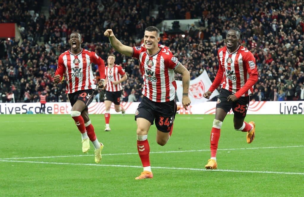 SUNDERLAND, ENGLAND - NOVEMBER 3: Granit Xhaka of Sunderland celebrates scoring the first Sunderland goal during the Premier League match between Sunderland and Everton at Stadium of Light on November 3, 2025 in Sunderland, United Kingdom.