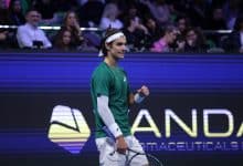 ATHENS, GREECE - NOVEMBER 7: Lorenzo Musetti of Italy in action against Sebastian Korda (not seen) of the United States during the Hellenic Championship ATP 250 semifinal tennis match, at OAKA Olympic Athletic Center in Athens, Greece, on November 7, 2025.