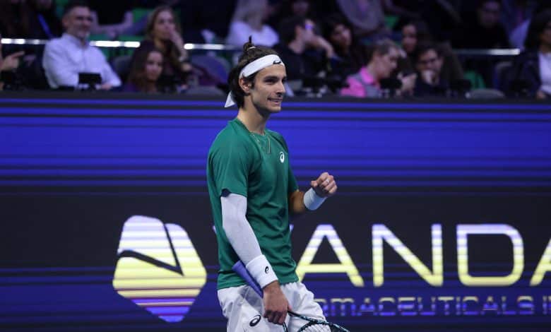 ATHENS, GREECE - NOVEMBER 7: Lorenzo Musetti of Italy in action against Sebastian Korda (not seen) of the United States during the Hellenic Championship ATP 250 semifinal tennis match, at OAKA Olympic Athletic Center in Athens, Greece, on November 7, 2025.