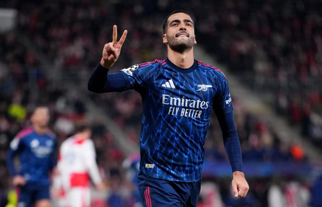 PRAGUE, CZECH REPUBLIC - NOVEMBER 04: Mikel Merino of Arsenal celebrates scoring his team's third goal during the UEFA Champions League 2025/26 League Phase MD4 match between SK Slavia Praha and Arsenal FC at Eden Arena on November 04, 2025 in Prague, Czech Republic.