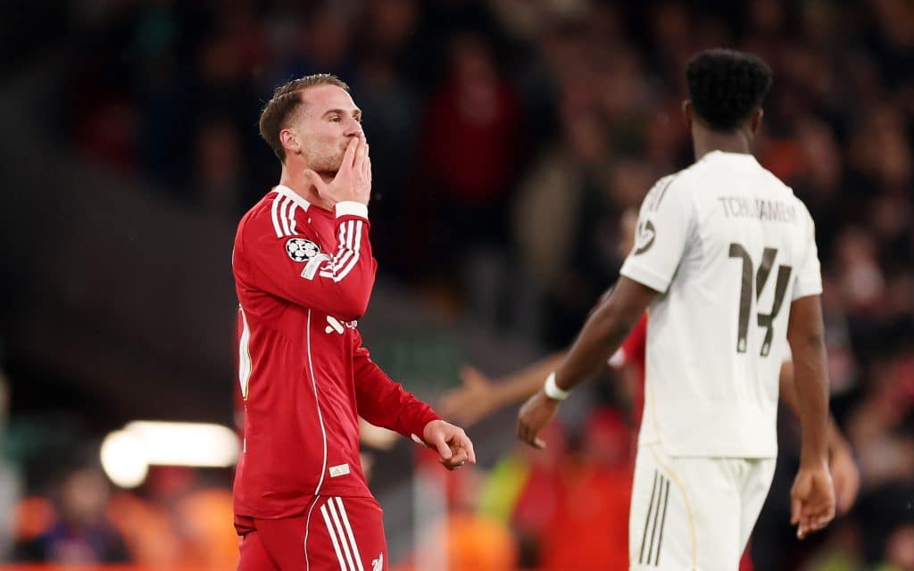 LIVERPOOL, ENGLAND - NOVEMBER 04: Alexis Mac Allister of Liverpool celebrates scoring his team's first goal during the UEFA Champions League 2025/26 League Phase MD4 match between Liverpool FC and Real Madrid C.F. at Anfield on November 04, 2025 in Liverpool, England.