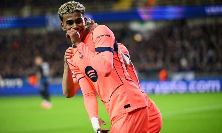 BRUGES, BELGIUM - NOVEMBER 05: Lamine Yamal of FC Barcelona celebrates scoring his team's second goal during the UEFA Champions League 2025/26 League Phase MD4 match between Club Brugge KV and FC Barcelona at Jan Breydelstadion on November 05, 2025 in Bruges, Belgium.