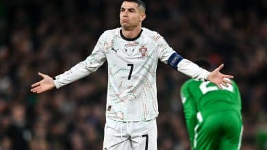Dublin , Ireland - 13 November 2025; Cristiano Ronaldo of Portugal reacts before being shown a red card during the FIFA World Cup 2026 Group F Qualifier match between Republic of Ireland and Portugal at the Aviva Stadium in Dublin.