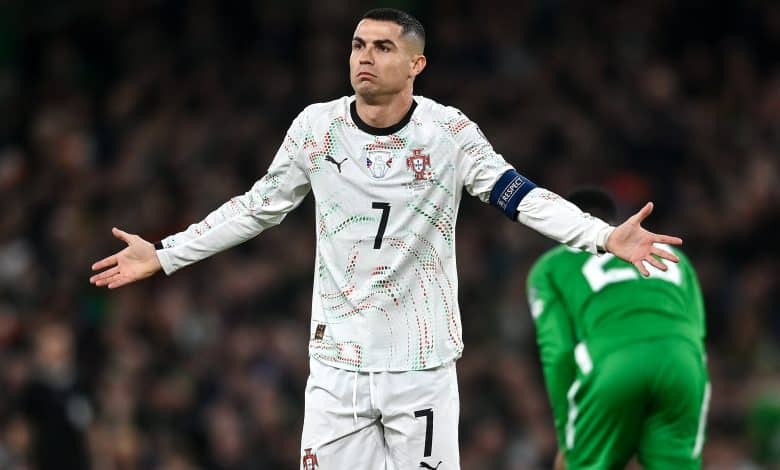Dublin , Ireland - 13 November 2025; Cristiano Ronaldo of Portugal reacts before being shown a red card during the FIFA World Cup 2026 Group F Qualifier match between Republic of Ireland and Portugal at the Aviva Stadium in Dublin.