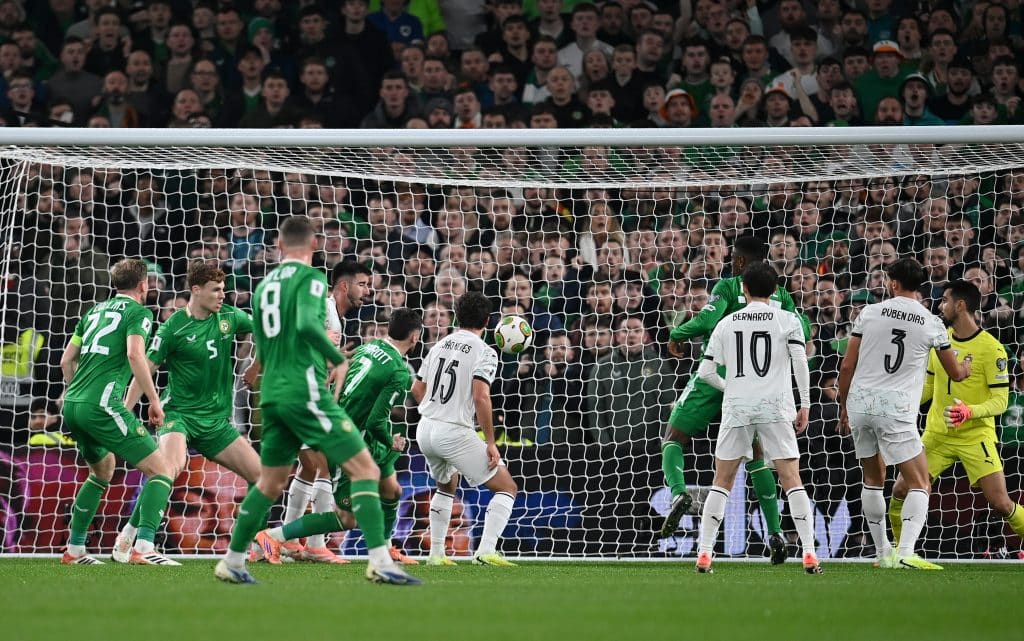 DUBLIN, IRELAND - NOVEMBER 13: Troy Parrott of Republic of Ireland scores his team's first goal during the FIFA World Cup 2026 qualifier match between Republic of Ireland and Portugal at Aviva Stadium on November 13, 2025 in Dublin, Ireland.