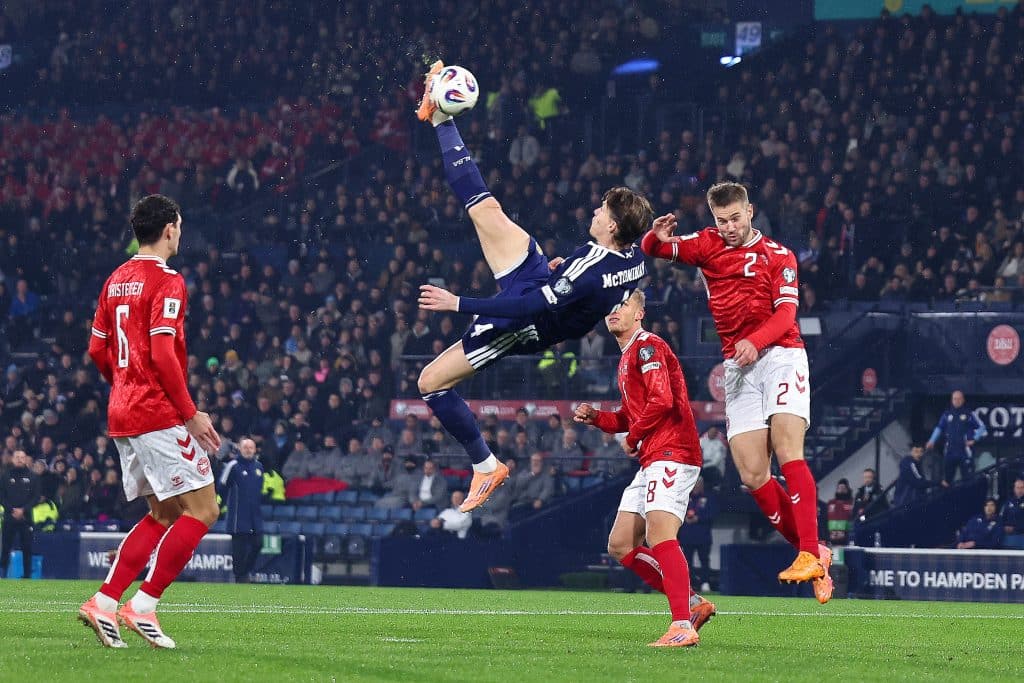 GLASGOW, SCOTLAND - NOVEMBER 18: Scott McTominay of Scotland scores a goal to make it 1-0 during the FIFA World Cup 2026 qualifier match between Scotland and Denmark at Hampden Park on November 18, 2025 in Glasgow, Scotland.