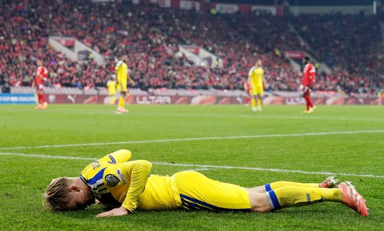 GENEVA, SWITZERLAND - NOVEMBER 15: Daniel Svensson of Sweden on the ground during the FIFA World Cup 2026 qualifier match between Switzerland and Sweden at Stade de Geneve on November 15, 2025 in Geneva, Switzerland.