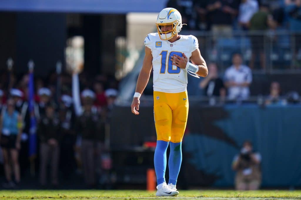 Justin Herbert #10 of the Los Angeles Chargers Justin Herbert #10 of the Los Angeles Chargers