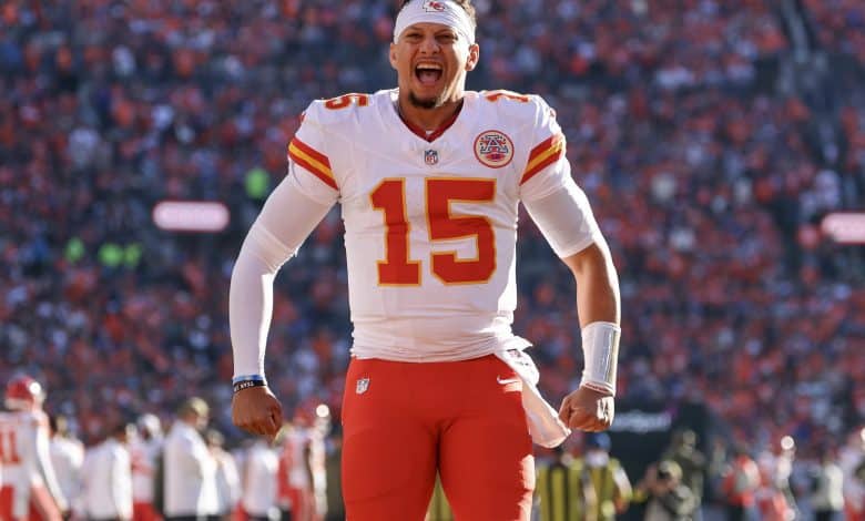 Patrick Mahomes #15 of the Kansas City Chiefs yells before the game against the Denver Broncos