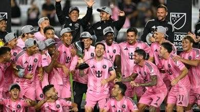 Inter Miami's Argentine forward #10 Lionel Messi (C) celebrates with the trophy after his team's victory in the Major League Soccer (MLS) Eastern Conference final football match between Inter Miami and New York City FC at Chase Stadium in Fort Lauderdale, Florida on November 29, 2025. Lionel Messi and Inter Miami reached the MLS Cup final for the first time on November 29, 2025 after a 5-1 thrashing of New York City FC in the Eastern Conference playoffs.