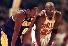 CHICAGO, UNITED STATES: Los Angeles Lakers guard Kobe Bryant(L) and Chicago Bulls guard Michael Jordan(R) talk during a free-throw attempt during the fourth quarter 17 December at the United Center in Chicago. Bryant, who is 19 and bypassed college basketball to play in the NBA, scored a team-high 33 points off the bench, and Jordan scored a team-high 36 points. The Bulls defeated the Lakers 104-83. AFP PHOTO VINCENT LAFORET