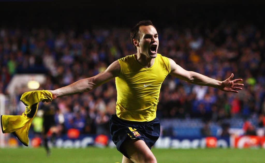 LONDON, ENGLAND - MAY 06:  Andres Iniesta of Barcelona celebrates scoring in the final minutes during the UEFA Champions League Semi Final Second Leg match between Chelsea and Barcelona at Stamford Bridge on May 6, 2009 in London, England.