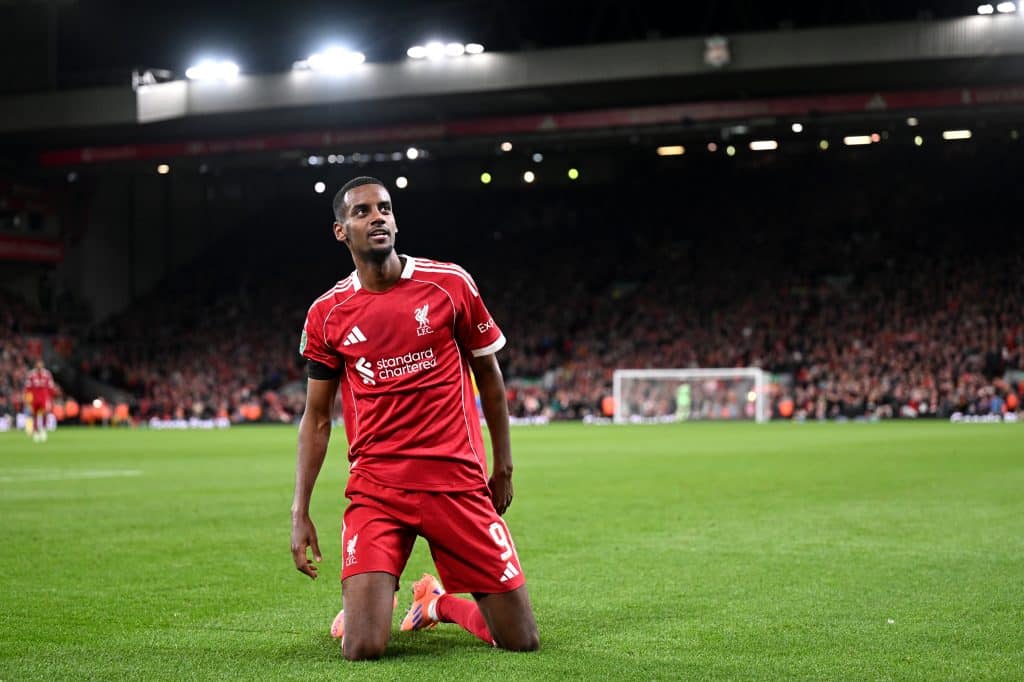 Alexander Isak of Liverpool celebrates scoring his team's first goal during the Carabao Cup Third Round match between Liverpool and Southampton at Anfield on September 23, 2025 in Liverpool, England.
