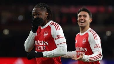LONDON, ENGLAND - NOVEMBER 23: Eberechi Eze of Arsenal celebrates after scoring a goal to make it 3-0 during the Premier League match between Arsenal and Tottenham Hotspur at Emirates Stadium on November 23, 2025 in London, England.