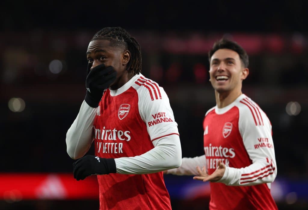 Eberechi Eze of Arsenal celebrates after scoring a goal to make it 3-0 during the Premier League match between Arsenal and Tottenham Hotspur at Emirates Stadium on November 23, 2025 in London, England. 