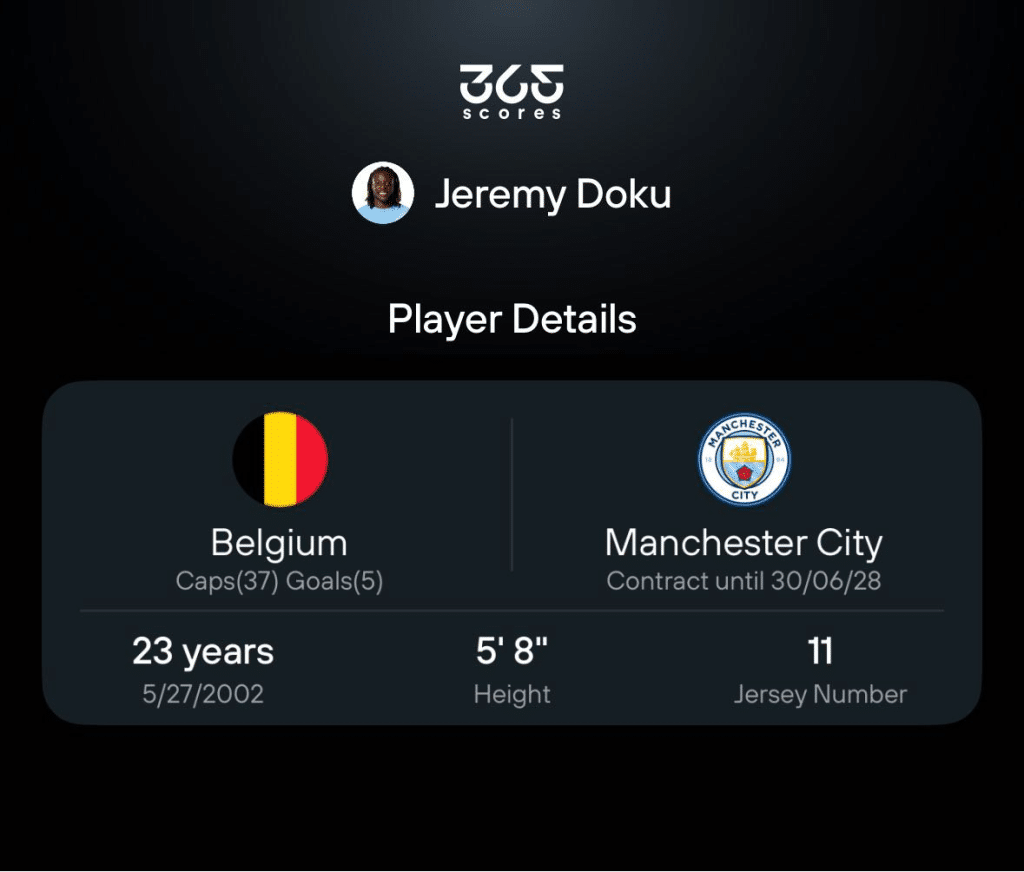 Jeremy Doku player details in 365Scores app