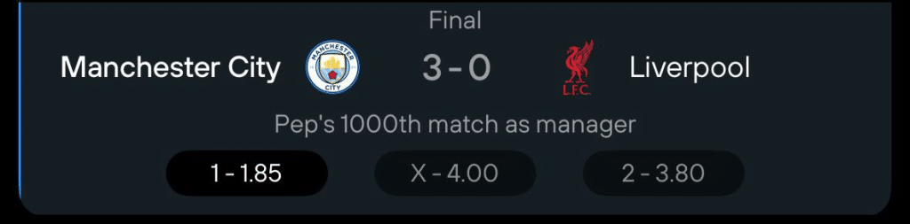 City vs Liverpool final result in 365Scores app