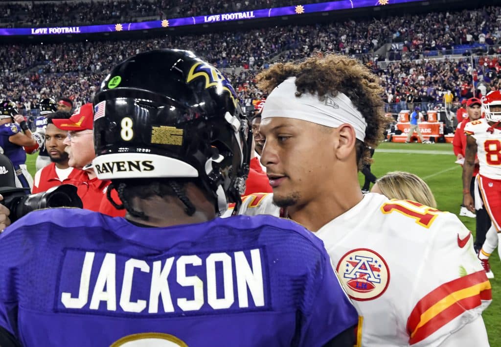 BALTIMORE, MD - SEPTEMBER 19: Kansas City Chiefs quarterback Patrick Mahomes (15) congratulates Baltimore Ravens quarterback Lamar Jackson (8) following the Kansas City Chiefs game versus the Baltimore Ravens on September 19, 2021 at M&T Bank Stadium in Baltimore, MD.