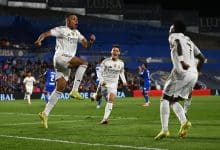 GETAFE, SPAIN - OCTOBER 19: Kylian Mbappe of Real Madrid celebrates scoring his team's first goal with teammates Arda Gueler and Vinicius Junior during the LaLiga EA Sports match between Getafe CF and Real Madrid CF at Coliseum Alfonso Perez on October 19, 2025 in Getafe, Spain.